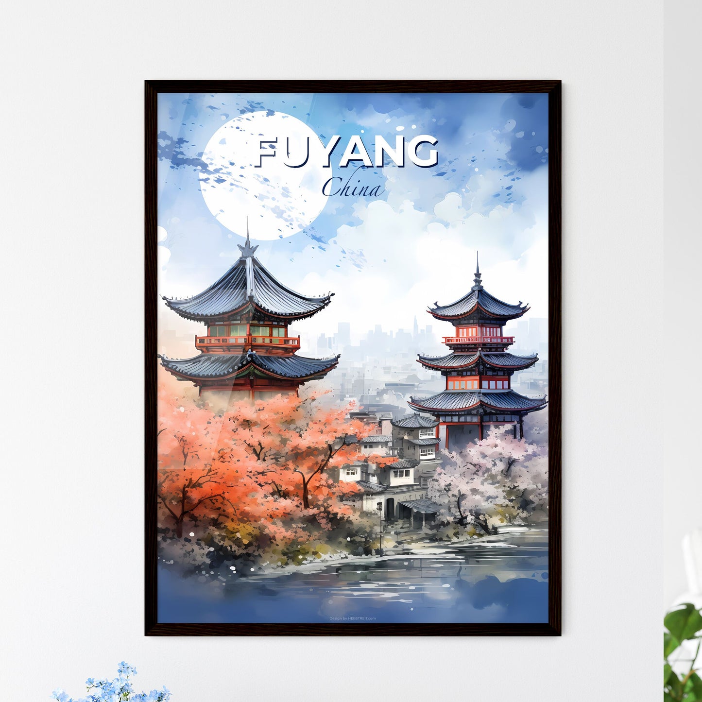 Painting of Vibrant Fuyang China Skyline with Pagoda and Trees Default Title