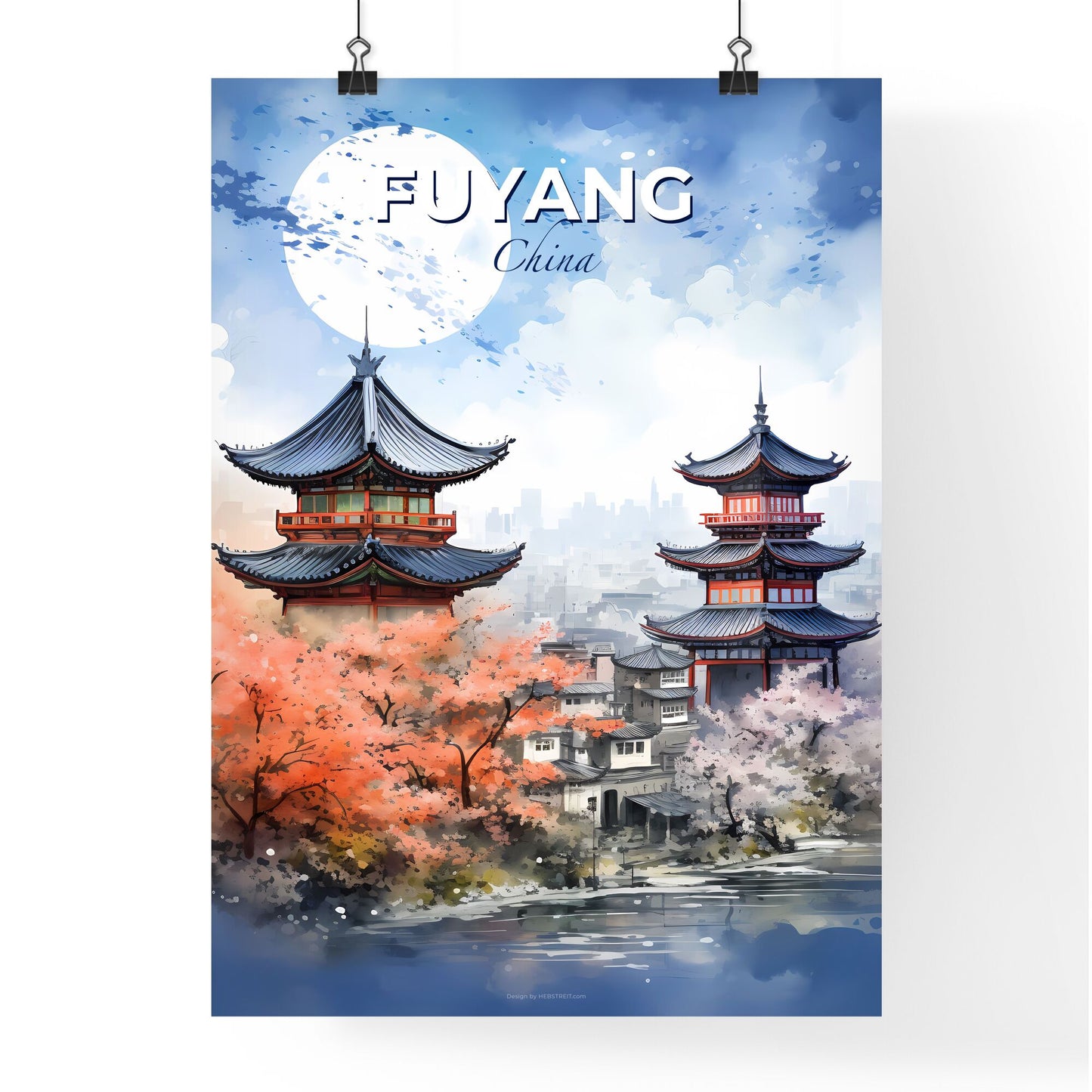 Painting of Vibrant Fuyang China Skyline with Pagoda and Trees Default Title