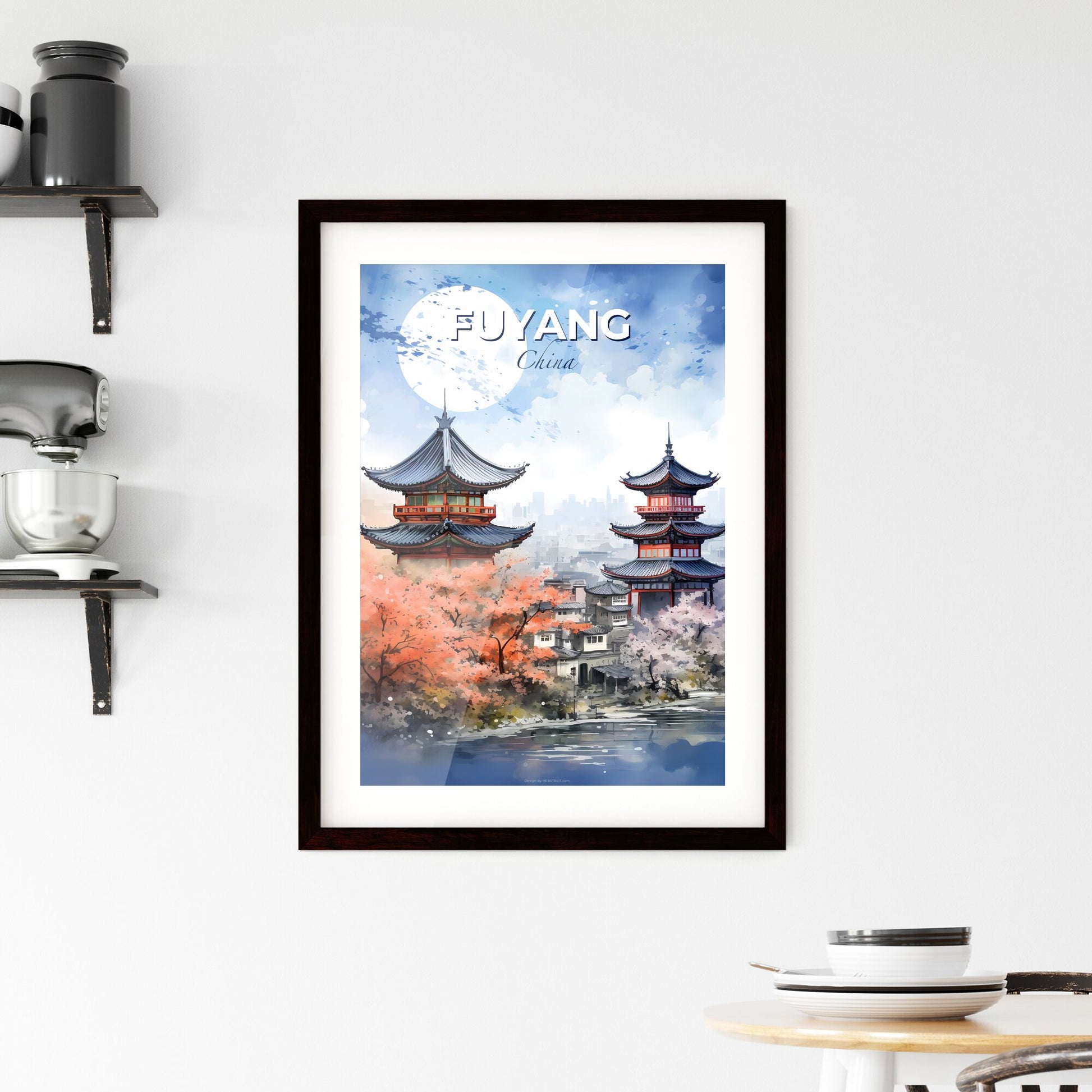 Painting of Vibrant Fuyang China Skyline with Pagoda and Trees Default Title