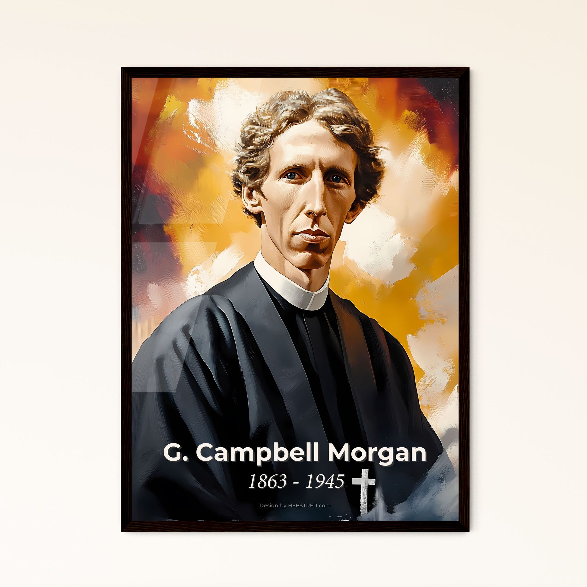 Portrait of G. Campbell Morgan, 1863 - 1945. Impressionistic painting of a man in a robe with a cross.