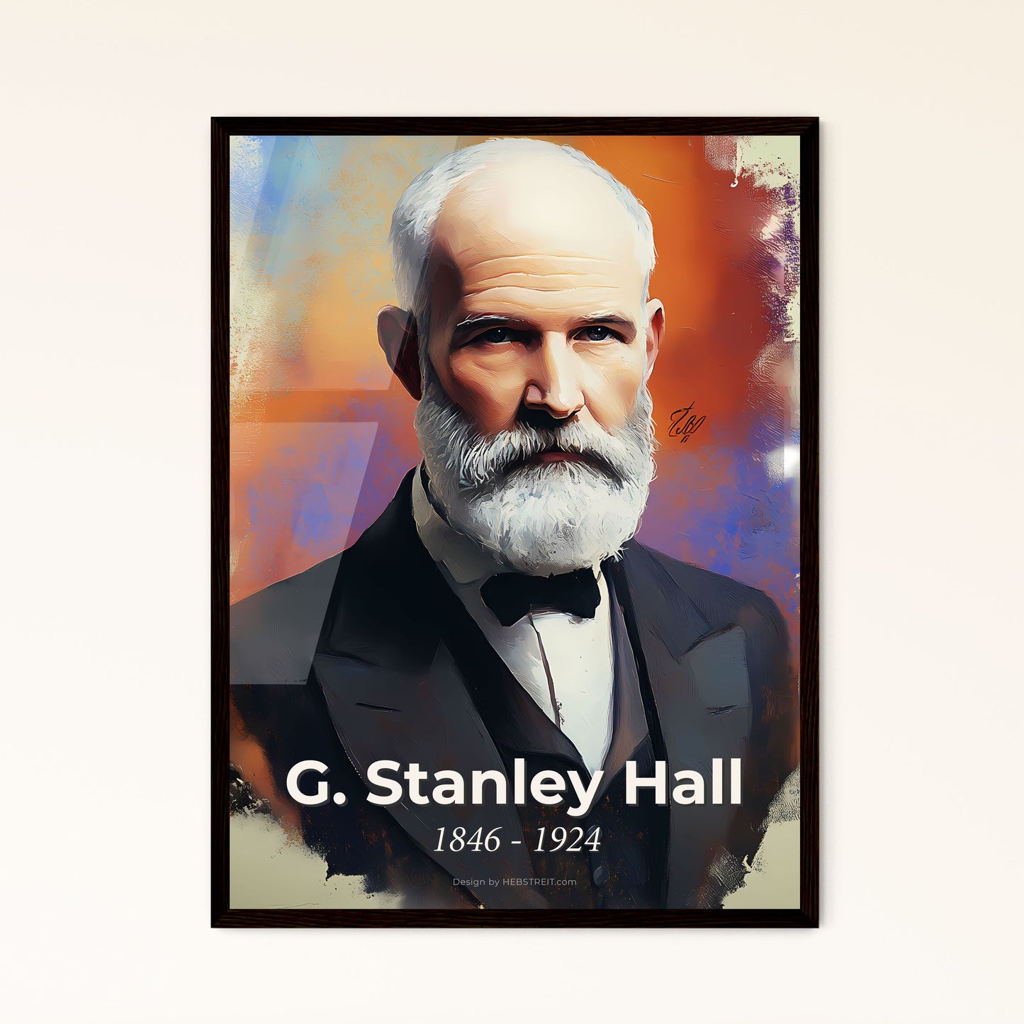 Portrait of G. Stanley Hall, 1846 - 1924. Impressionistic painting of a man with a white beard and a black suit.