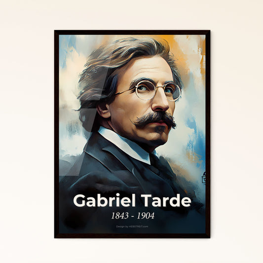 Portrait of Gabriel Tarde, 1843 - 1904. Impressionistic painting of a man with a mustache and glasses.