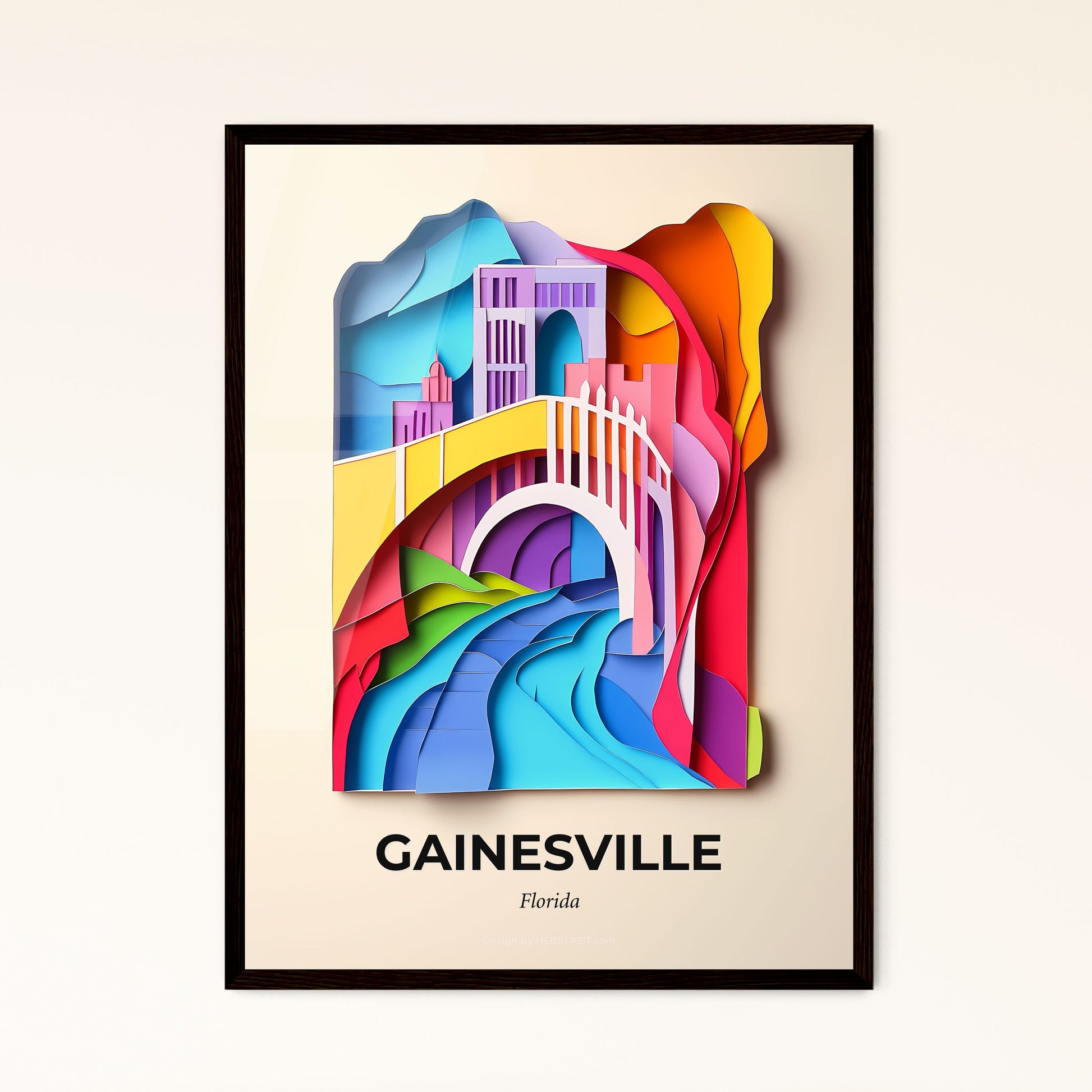 Vivid Gainesville, Florida - a colorful paper cut of a bridge over a river