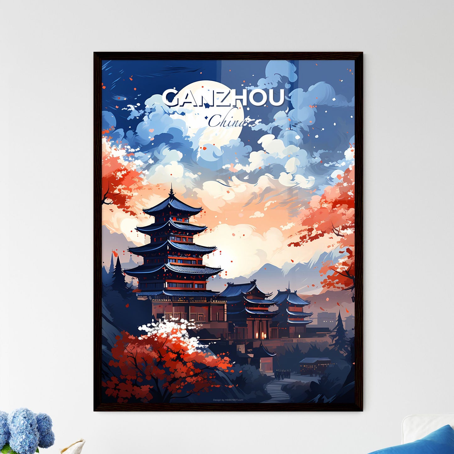 Vibrant Cityscape Painting: Abstract Pagoda and Foliage in Ganzhou, China Default Title