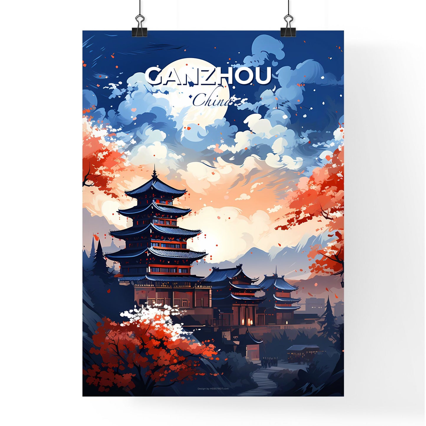 Vibrant Cityscape Painting: Abstract Pagoda and Foliage in Ganzhou, China Default Title