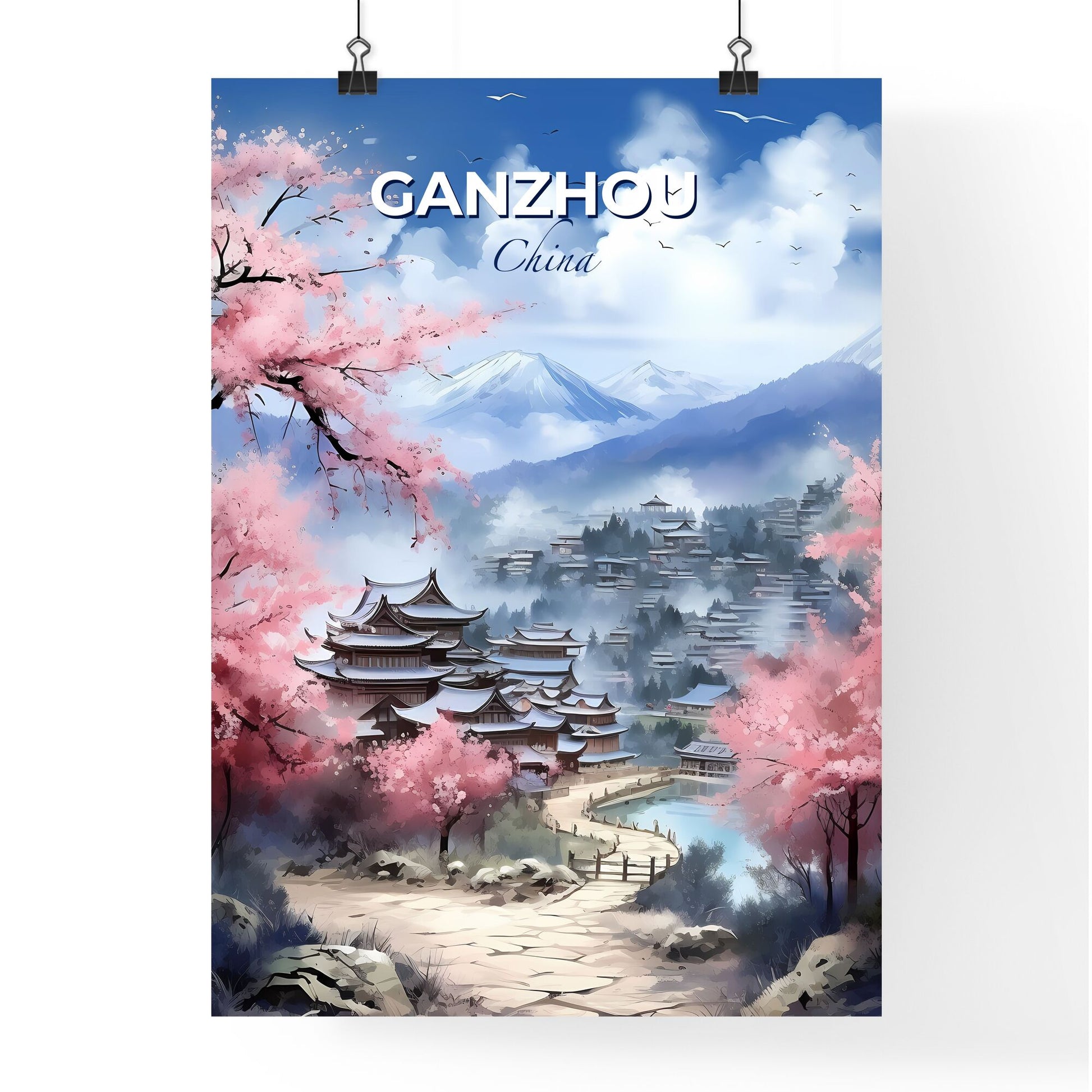 Vibrant Painting of Ganzhou China Skyline with River and Mountains Depicting Art Default Title