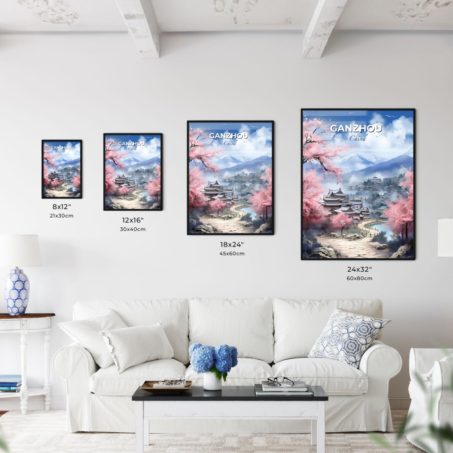 Vibrant Painting of Ganzhou China Skyline with River and Mountains Depicting Art Default Title