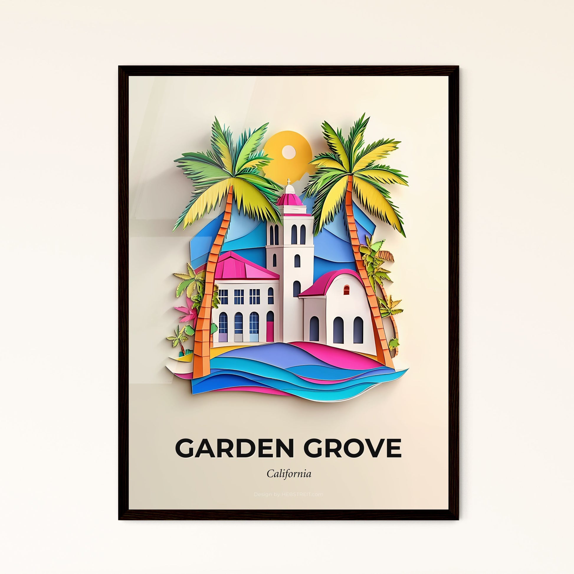 Vivid Garden Grove, California - a paper cut of a church and palm trees