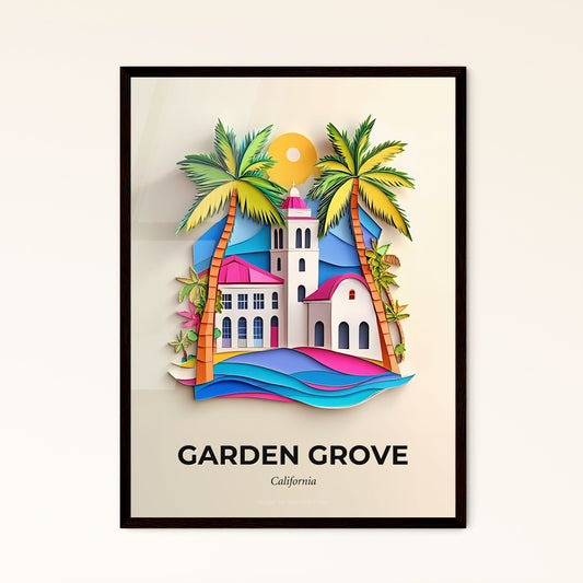 Vivid Garden Grove, California - a paper cut of a church and palm trees