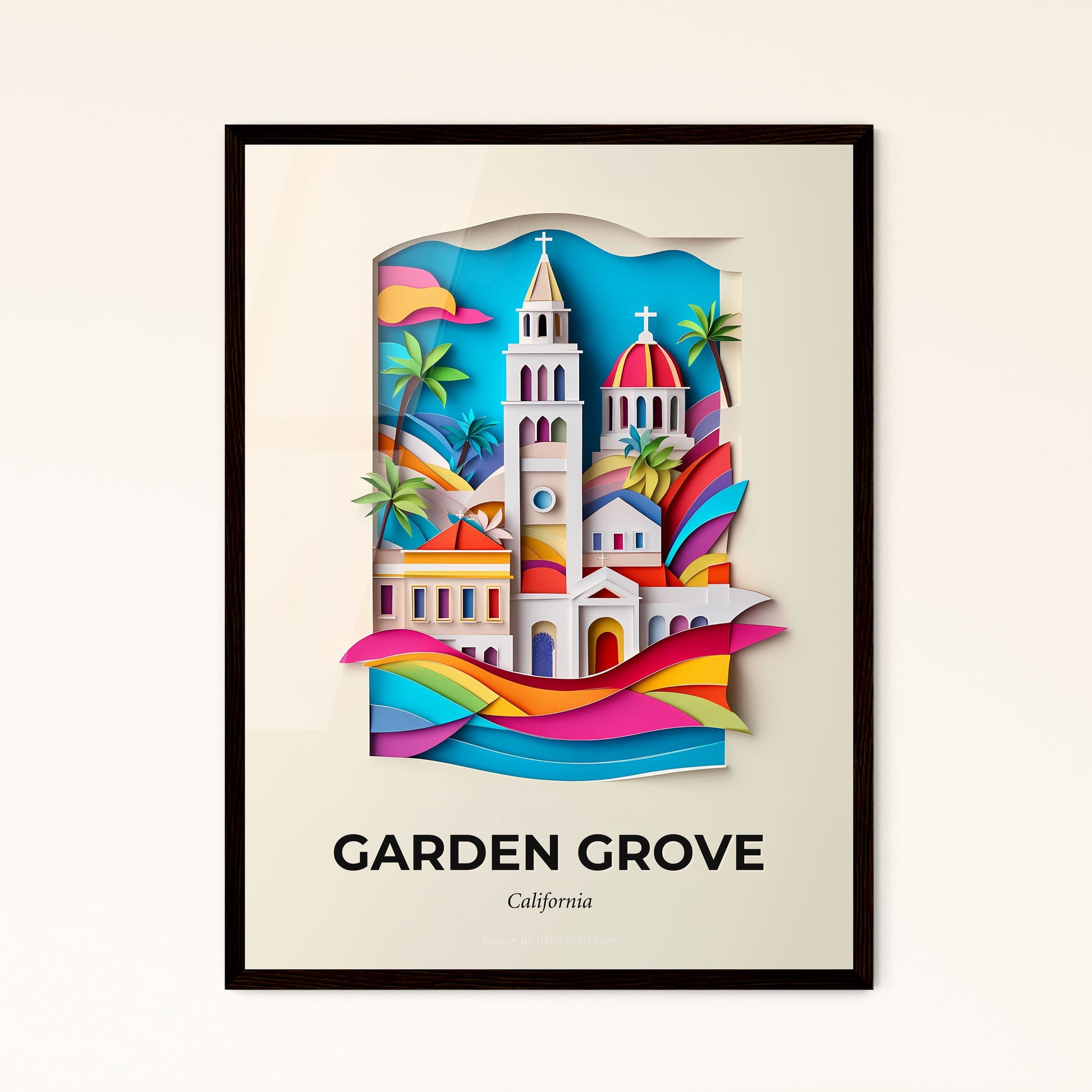 Vivid Garden Grove, California - a paper cut of a church and a rainbow wave