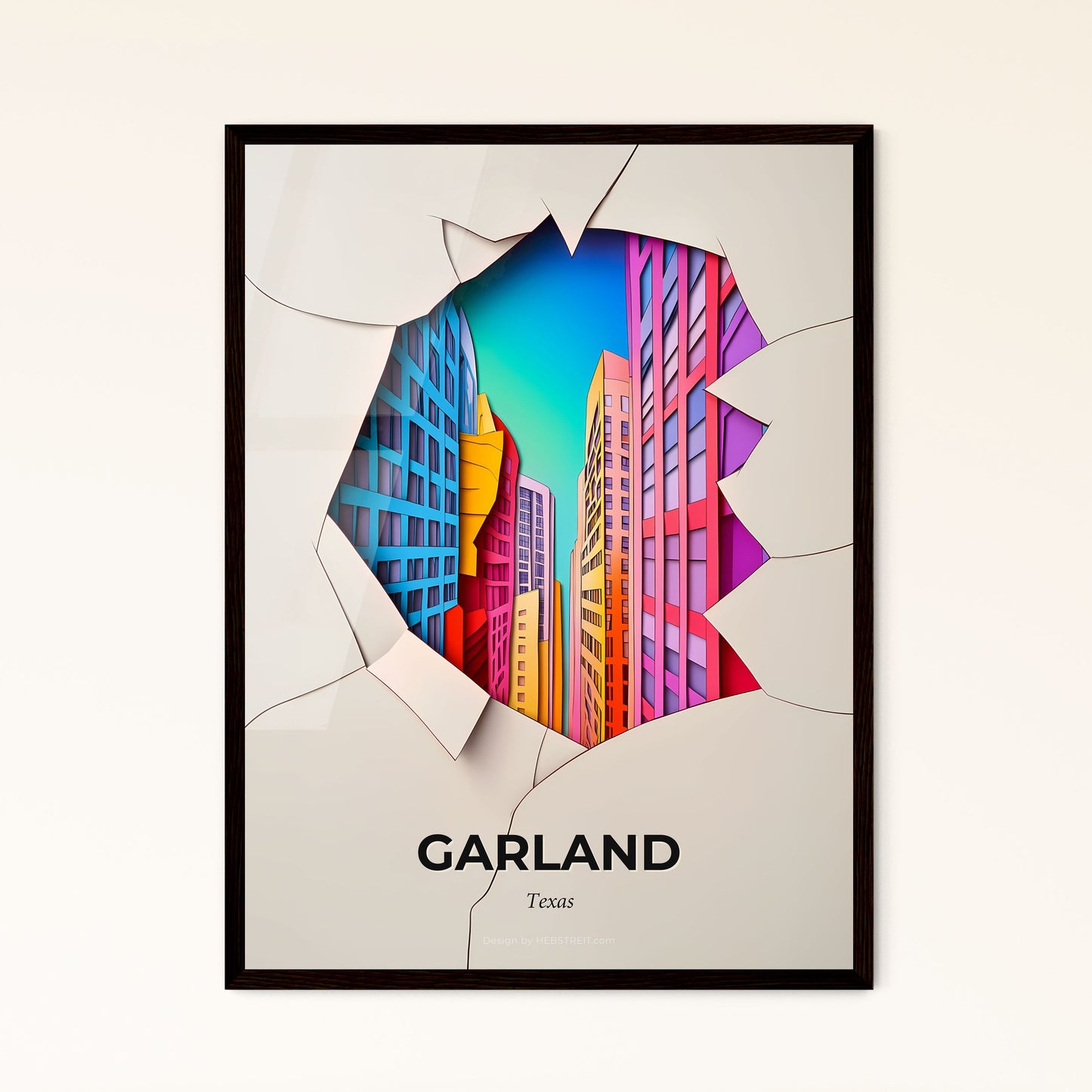 Vivid Garland, Texas - a colorful city is seen through a hole in a paper