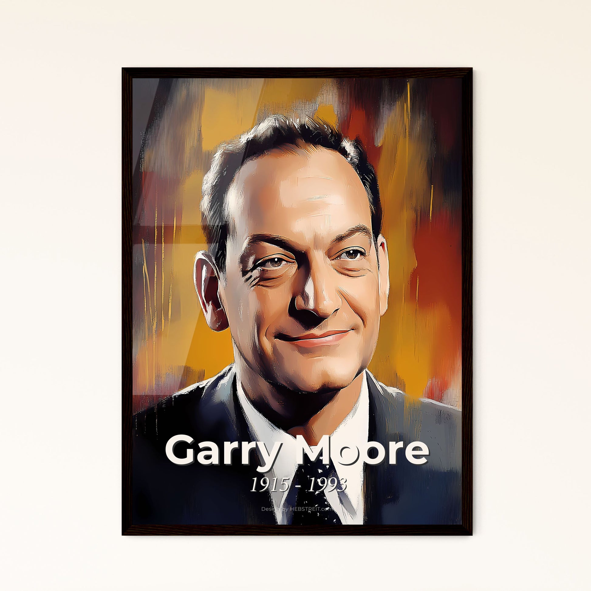 Portrait of Garry Moore, 1915 - 1993. Impressionistic painting of a man in a suit and tie.