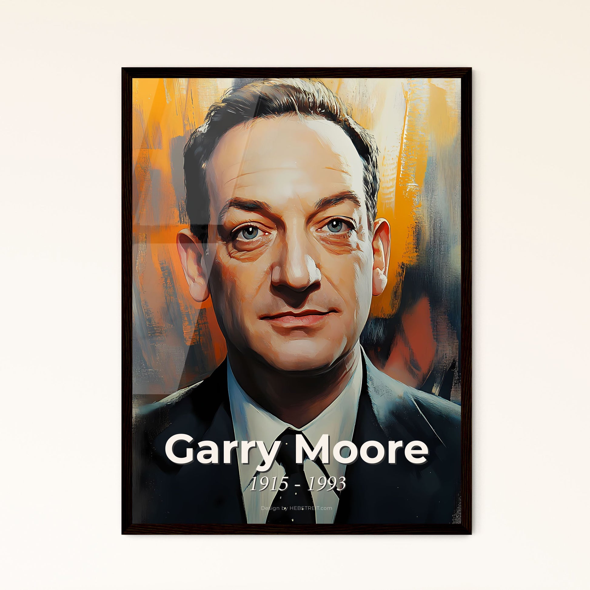 Portrait of Garry Moore, 1915 - 1993. Impressionistic painting of a man in a suit and tie.