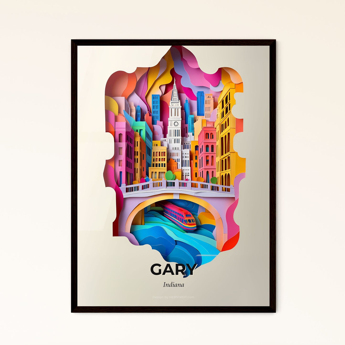 Vivid Gary, Indiana - a paper cut of a city with a train going under it