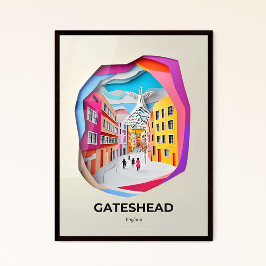 Vivid Gateshead, England - a paper cut of a city street with people walking