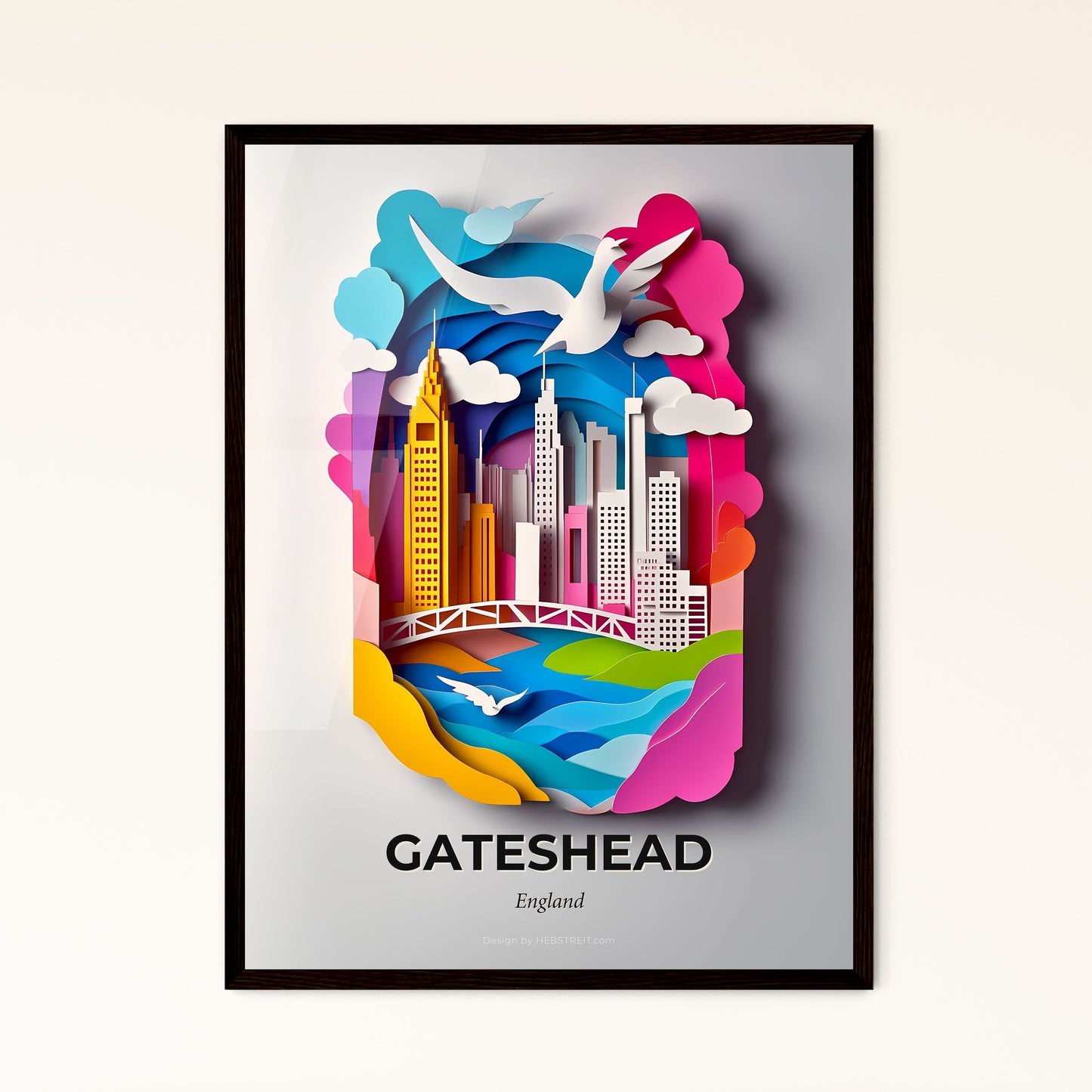 Vivid Gateshead, England - a paper cut of a city with a bridge and a bird