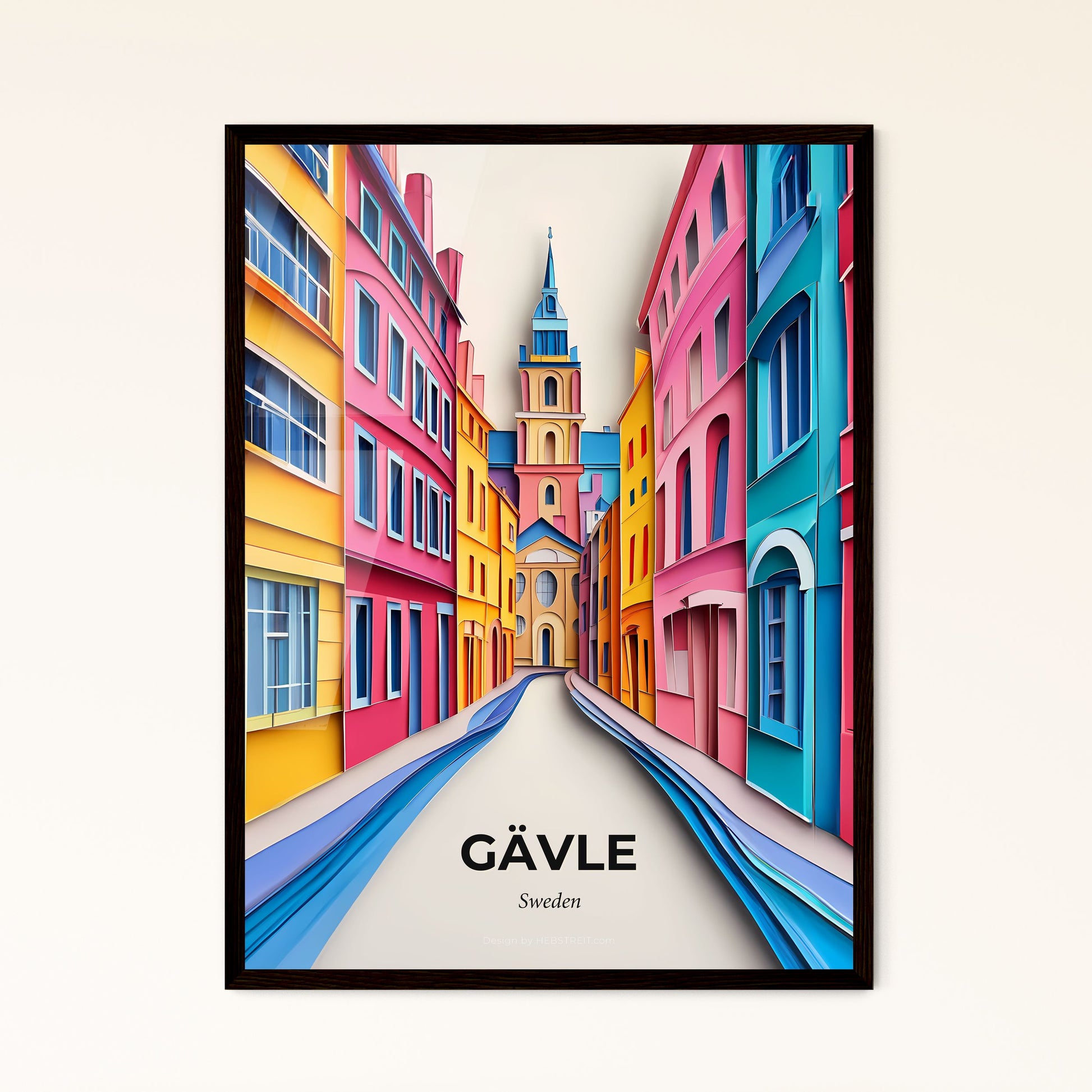 Vivid Gävle, Sweden - a colorful city street with a church steeple in the background