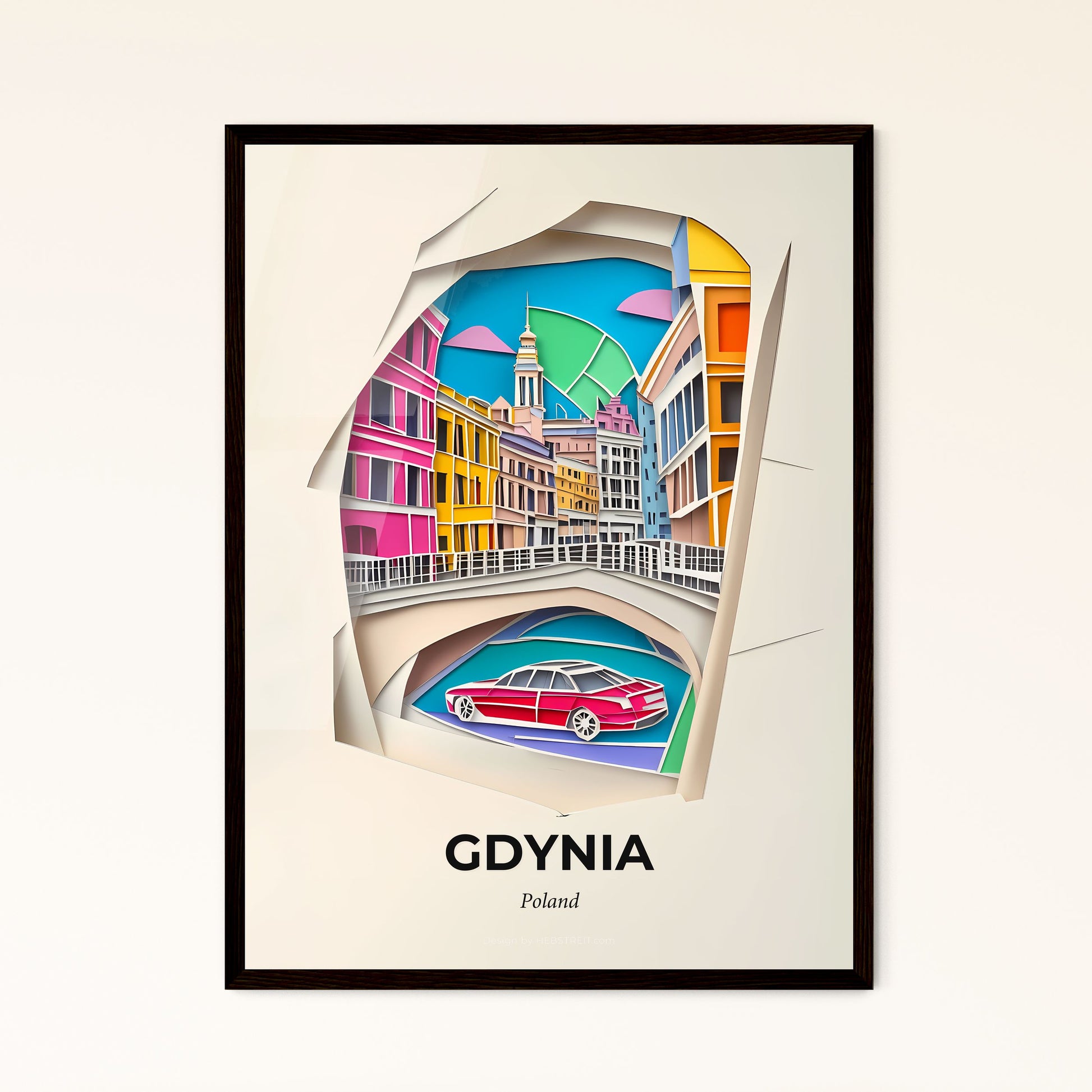 Vivid Gdynia, Poland - a paper cut of a car driving through a bridge