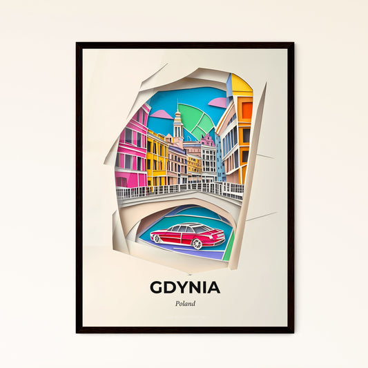 Vivid Gdynia, Poland - a paper cut of a car driving through a bridge