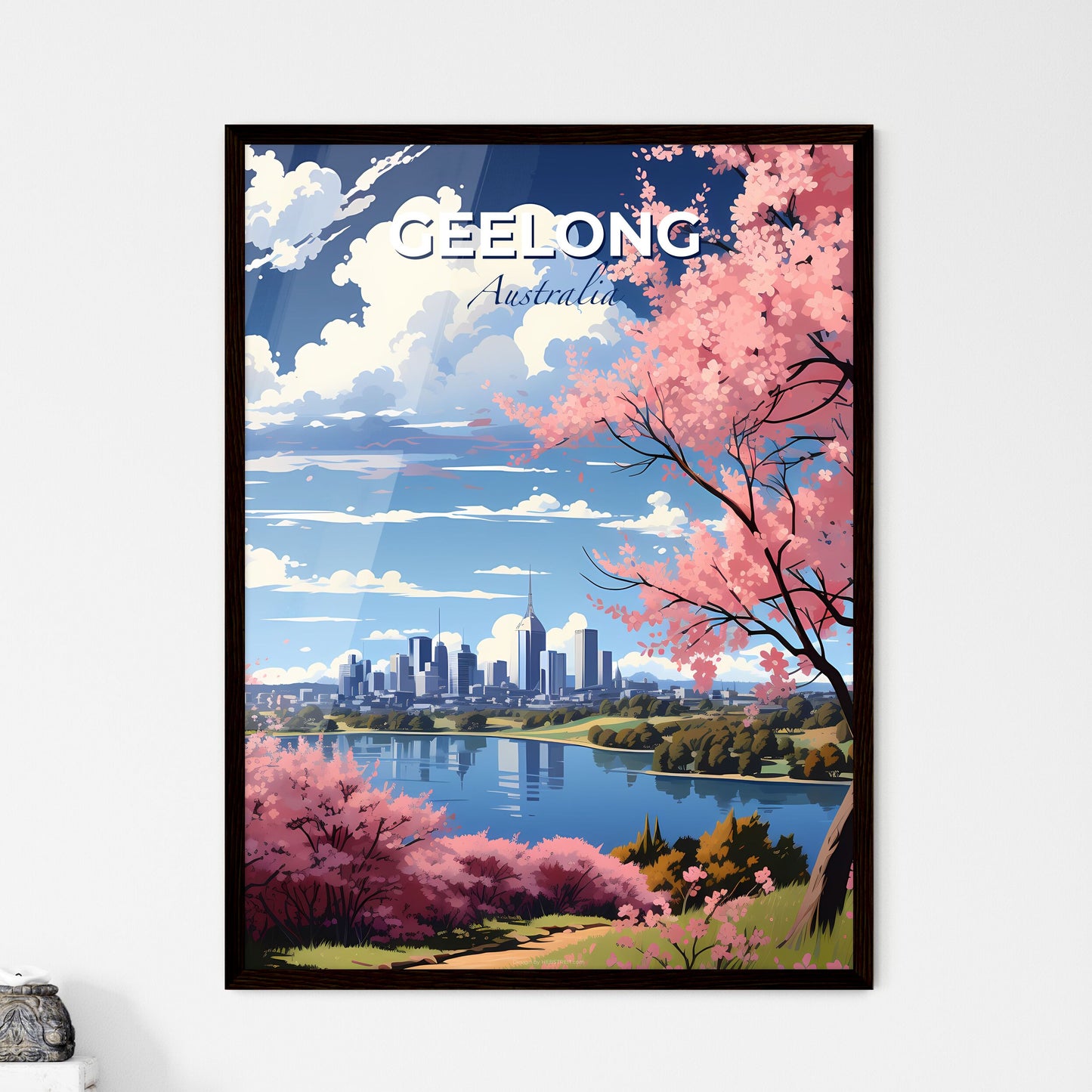 Striking Cityscape Painting of Geelong Skyline with Pink Blossoms by Water Default Title