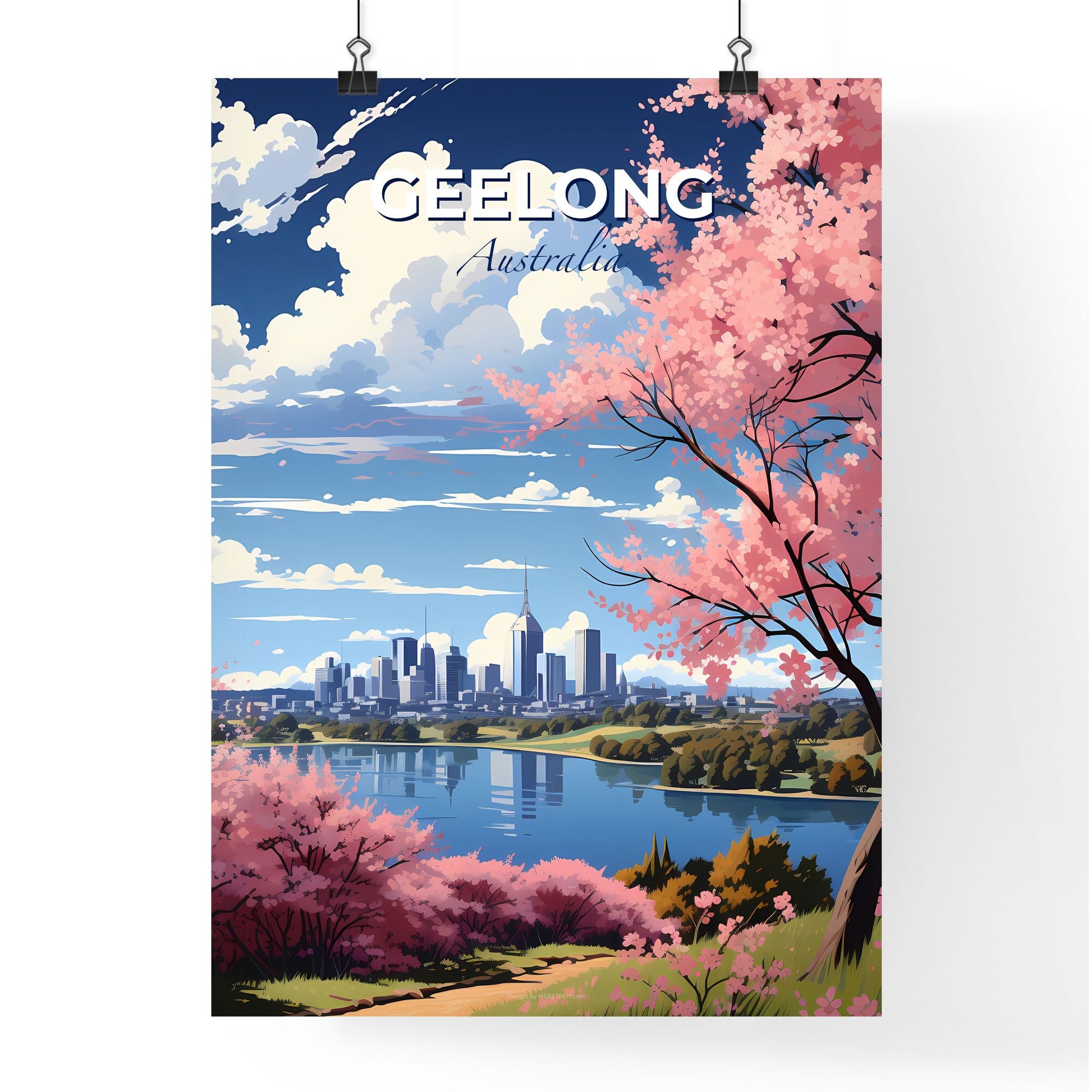 Striking Cityscape Painting of Geelong Skyline with Pink Blossoms by Water Default Title