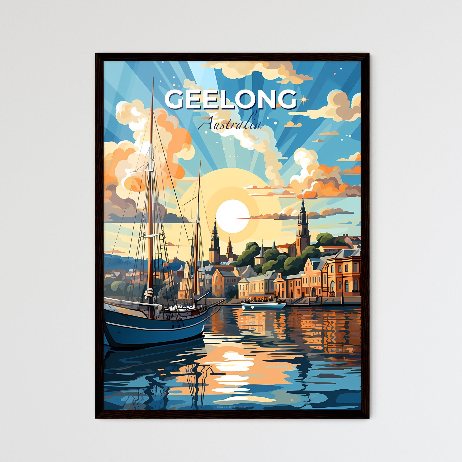 Geelong Australia Skyline: Vibrant Cityscape Painting with Boat in Water Default Title