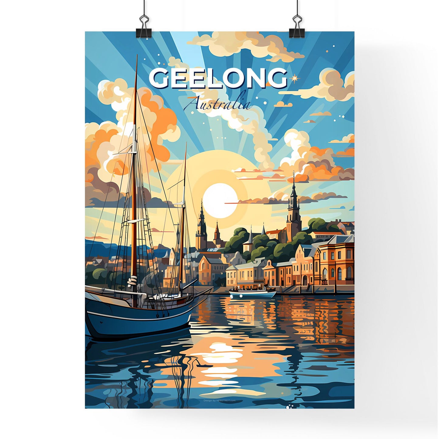 Geelong Australia Skyline: Vibrant Cityscape Painting with Boat in Water Default Title