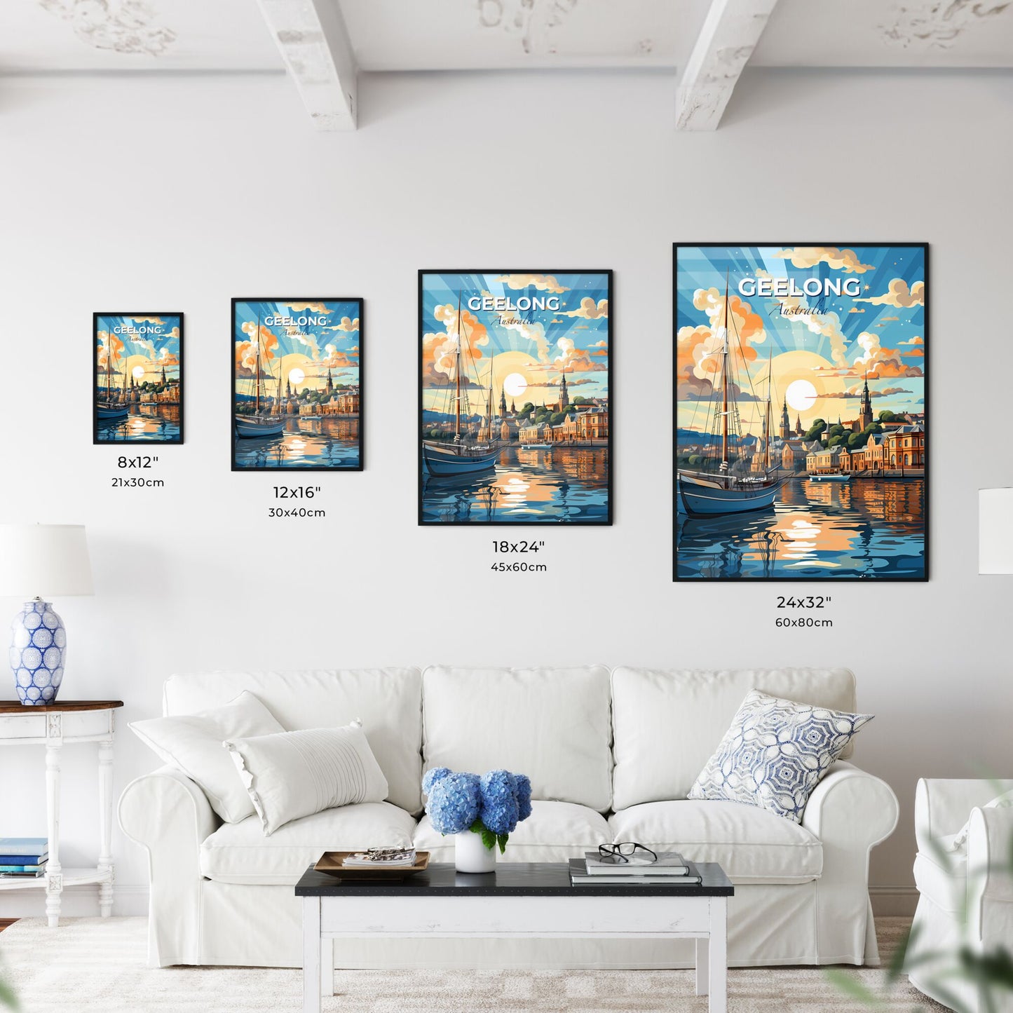 Geelong Australia Skyline: Vibrant Cityscape Painting with Boat in Water Default Title