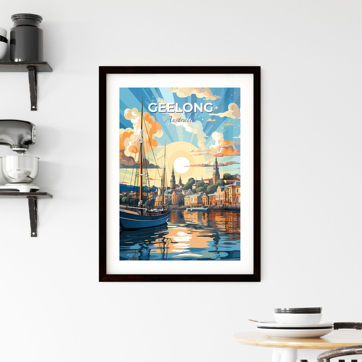 Geelong Australia Skyline: Vibrant Cityscape Painting with Boat in Water Default Title