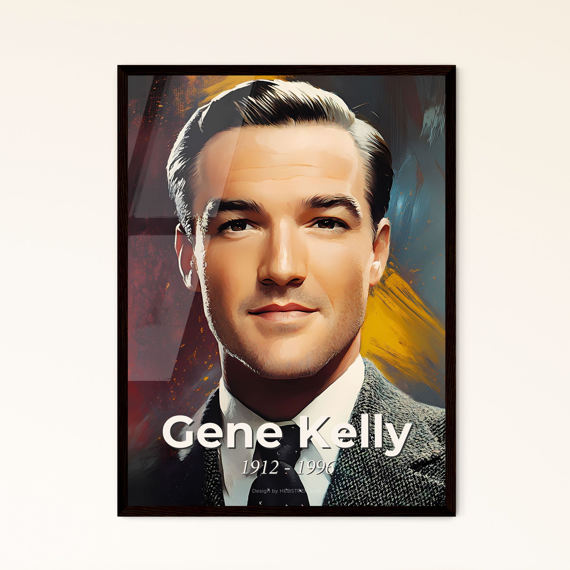 Portrait of Gene Kelly, 1912 - 1996. Impressionistic painting of a man in a suit and tie.