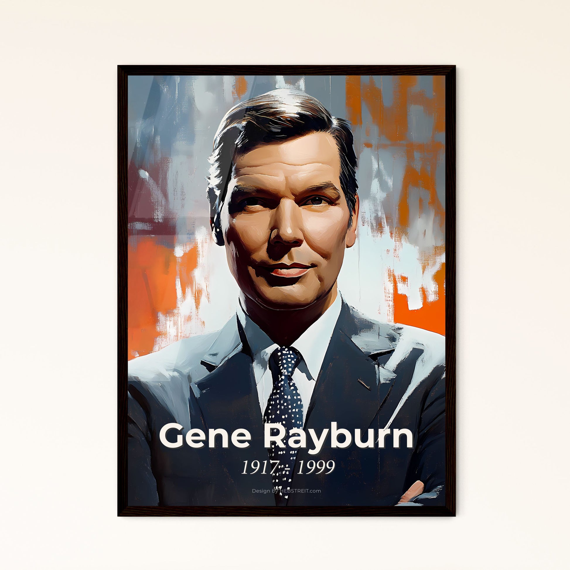 Portrait of Gene Rayburn, 1917 - 1999. Impressionistic painting of a man in a suit and tie.