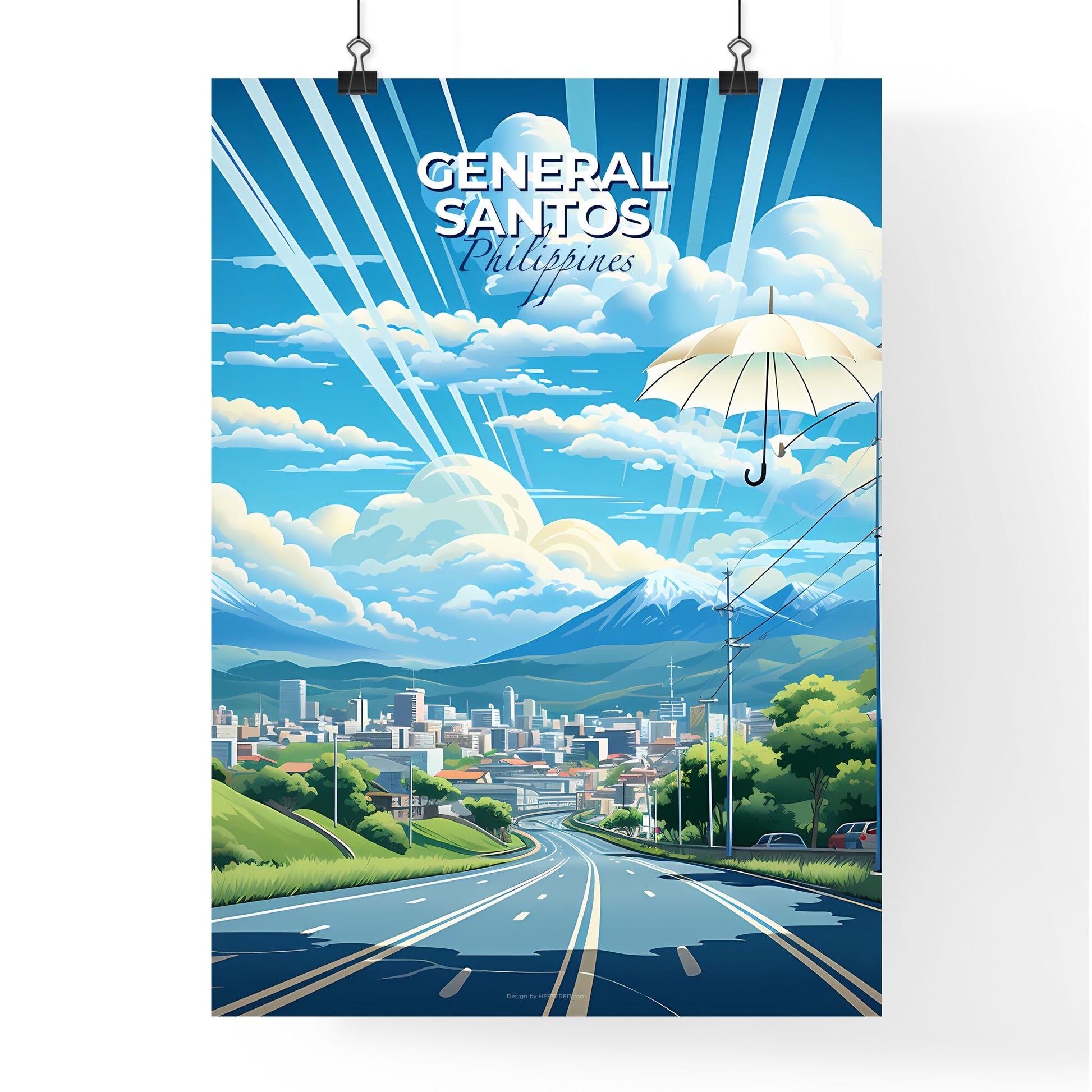 Vibrant and Colorful Cityscape Painting of General Santos Philippines Skyline with Umbrella and Road Default Title