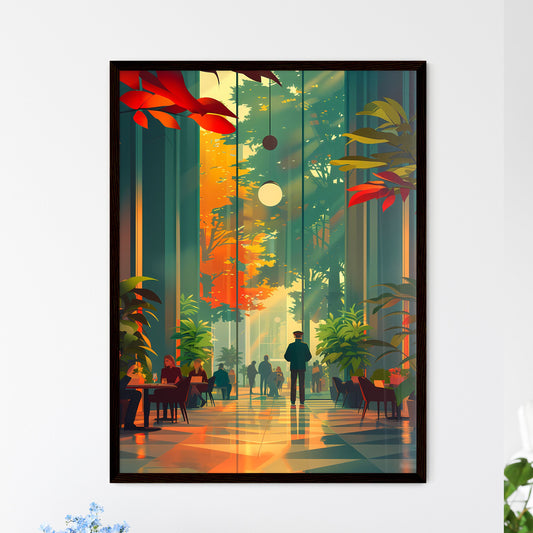 Dynamic Urban Life: Minimalist Geometric Art Depicting a Lobby Doorman Attentively Observing High Wall Art