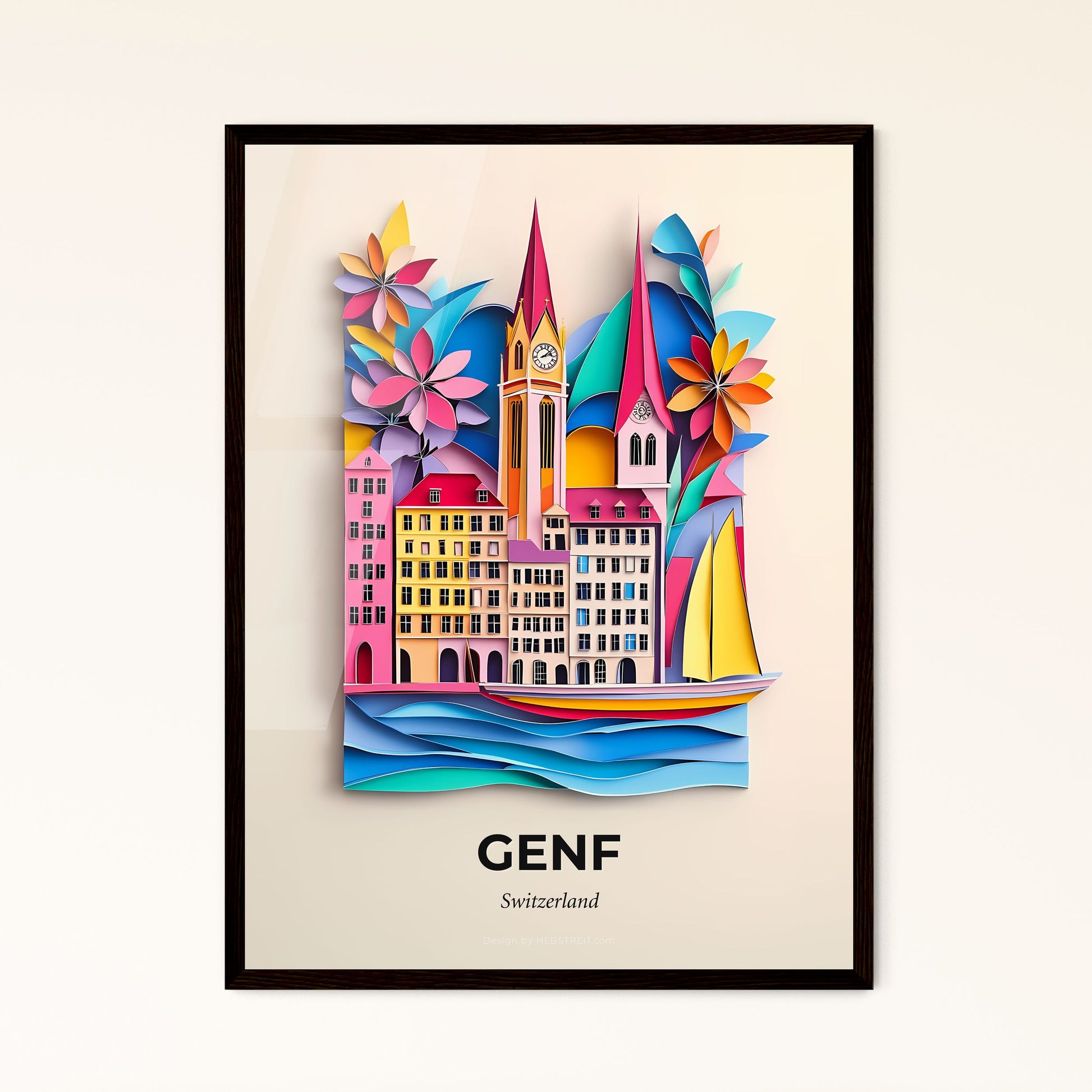 Vivid Geneva, Switzerland - a paper cut of a city with a clock tower