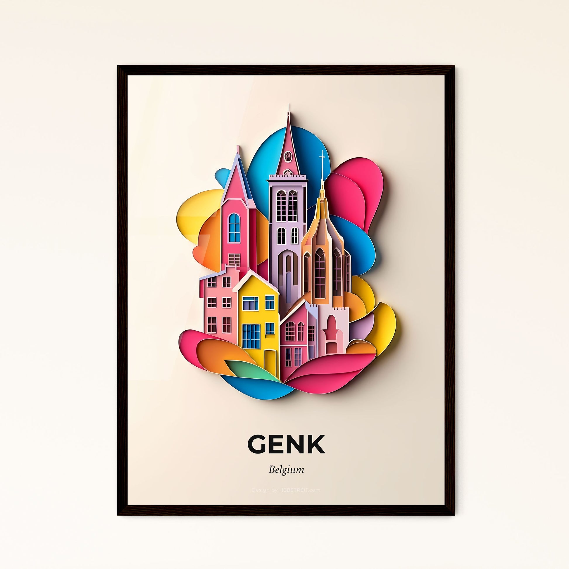 Vivid Genk, Belgium - a paper cut of a church with a rainbow swirl