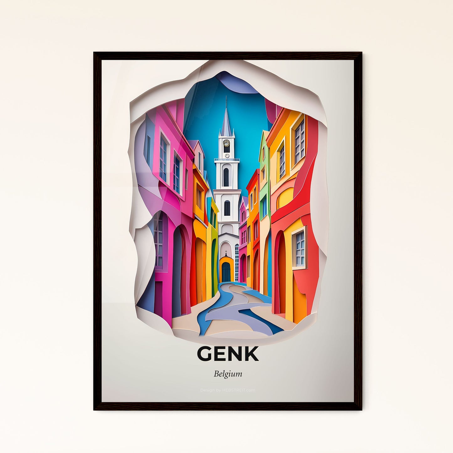 Vivid Genk, Belgium - a paper cut of a street with a church tower