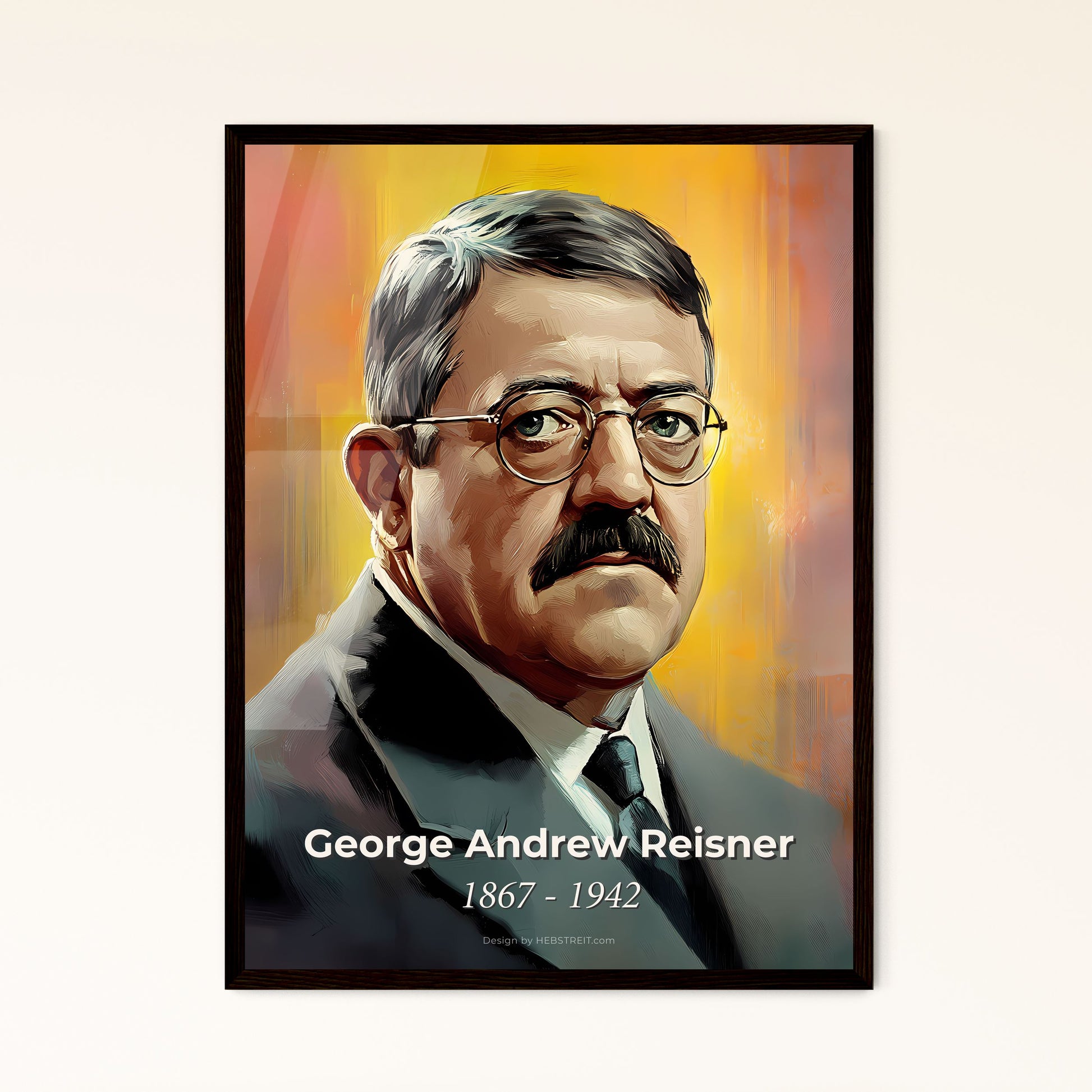 Portrait of George Andrew Reisner, 1867 - 1942. Impressionistic painting of a man with a mustache wearing glasses.