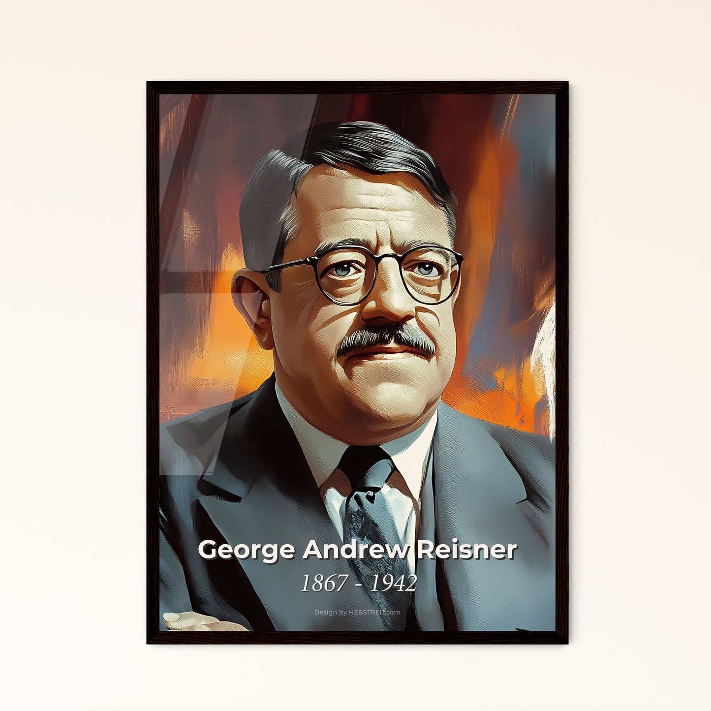 Portrait of George Andrew Reisner, 1867 - 1942. Impressionistic painting of a man with glasses and a mustache.