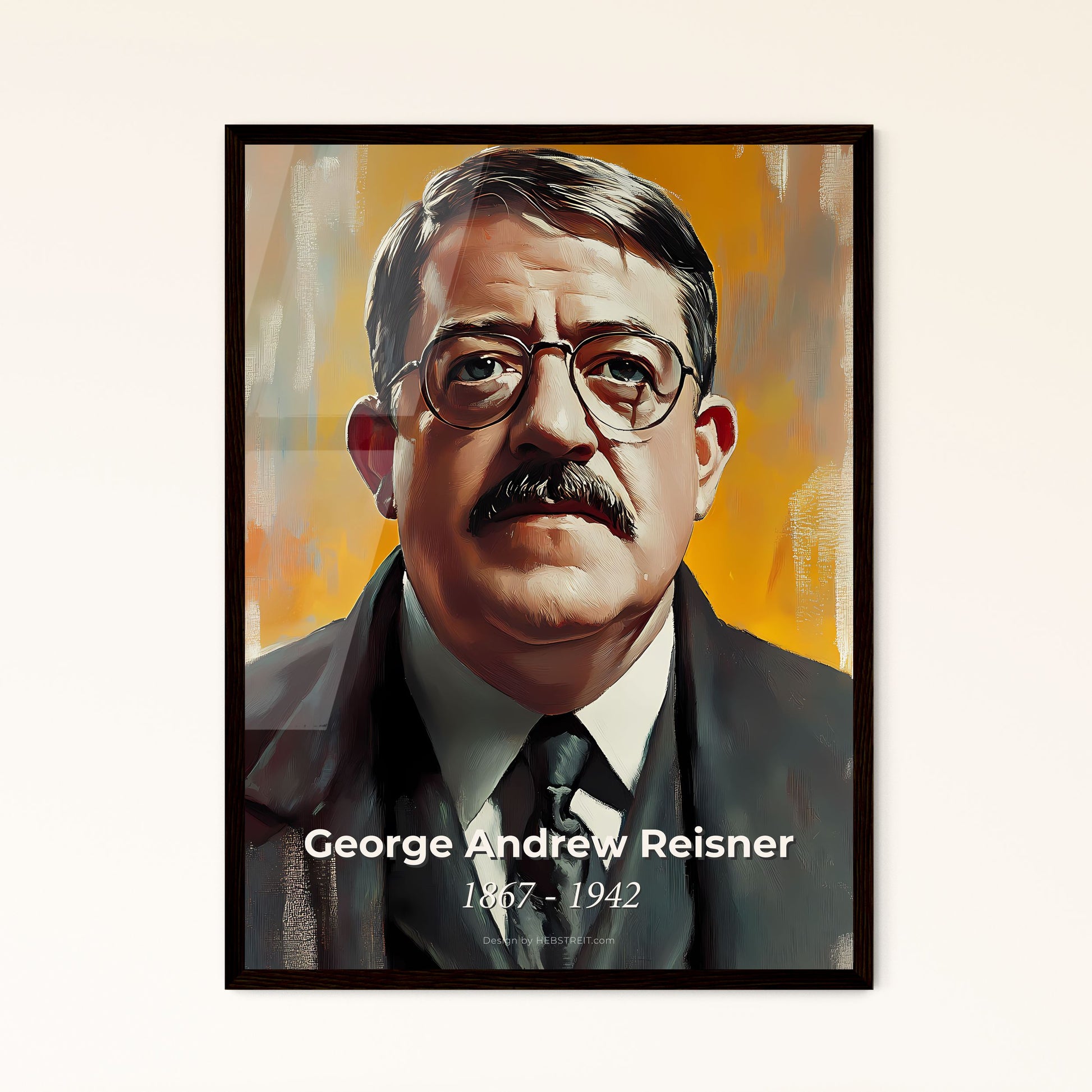 Portrait of George Andrew Reisner, 1867 - 1942. Impressionistic painting of a man with a mustache wearing glasses and a suit.