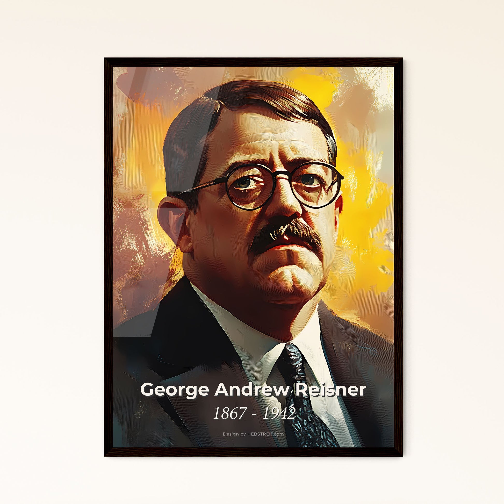 Portrait of George Andrew Reisner, 1867 - 1942. Impressionistic painting of a man with a mustache wearing glasses.