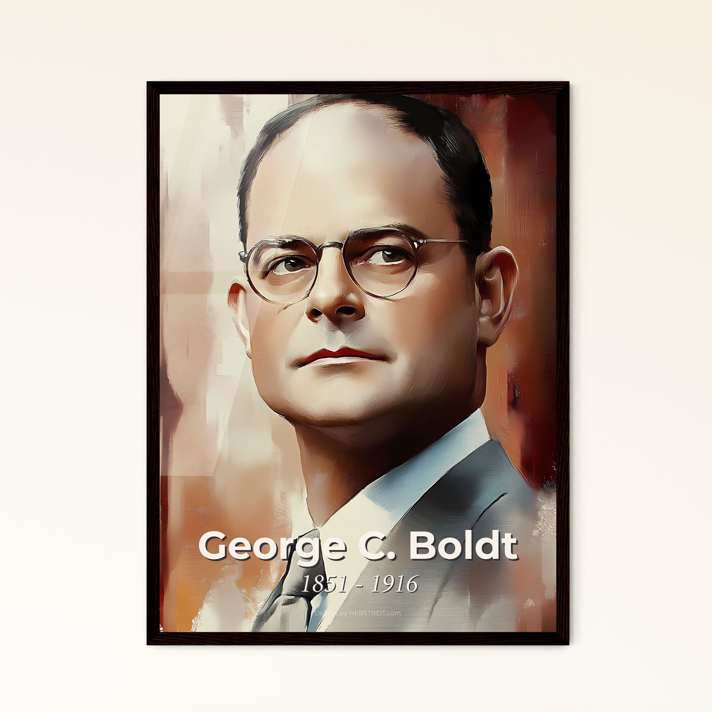 Portrait of George C. Boldt, 1851 - 1916. Impressionistic painting of a man wearing glasses and a suit.