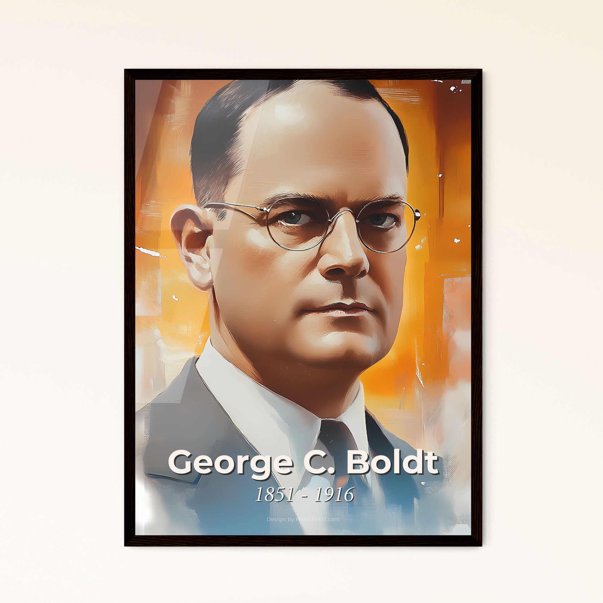 Portrait of George C. Boldt, 1851 - 1916. Impressionistic painting of a man wearing glasses and a suit.