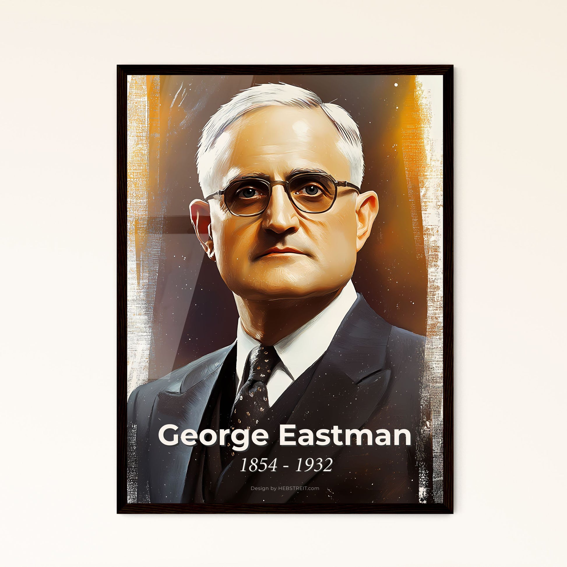 Portrait of George Eastman, 1854 - 1932. Impressionistic painting of a man in a suit and tie.