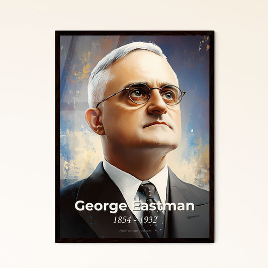 Portrait of George Eastman, 1854 - 1932. Impressionistic painting of a man in a suit and tie.