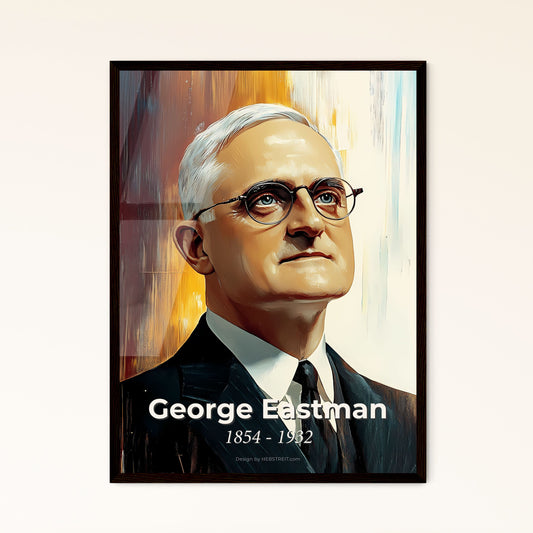 Portrait of George Eastman, 1854 - 1932. Impressionistic painting of a man in a suit and tie.