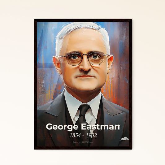 Portrait of George Eastman, 1854 - 1932. Impressionistic painting of a man in a suit and tie.