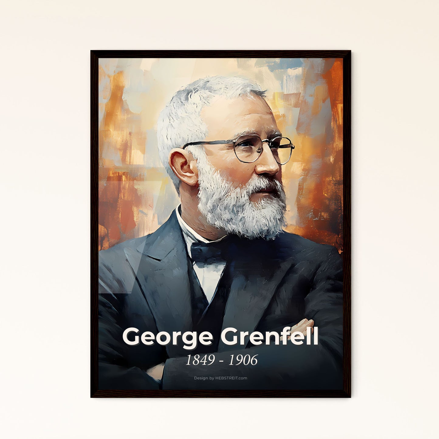 Portrait of George Grenfell, 1849 - 1906. Impressionistic painting of a man with a beard and glasses.