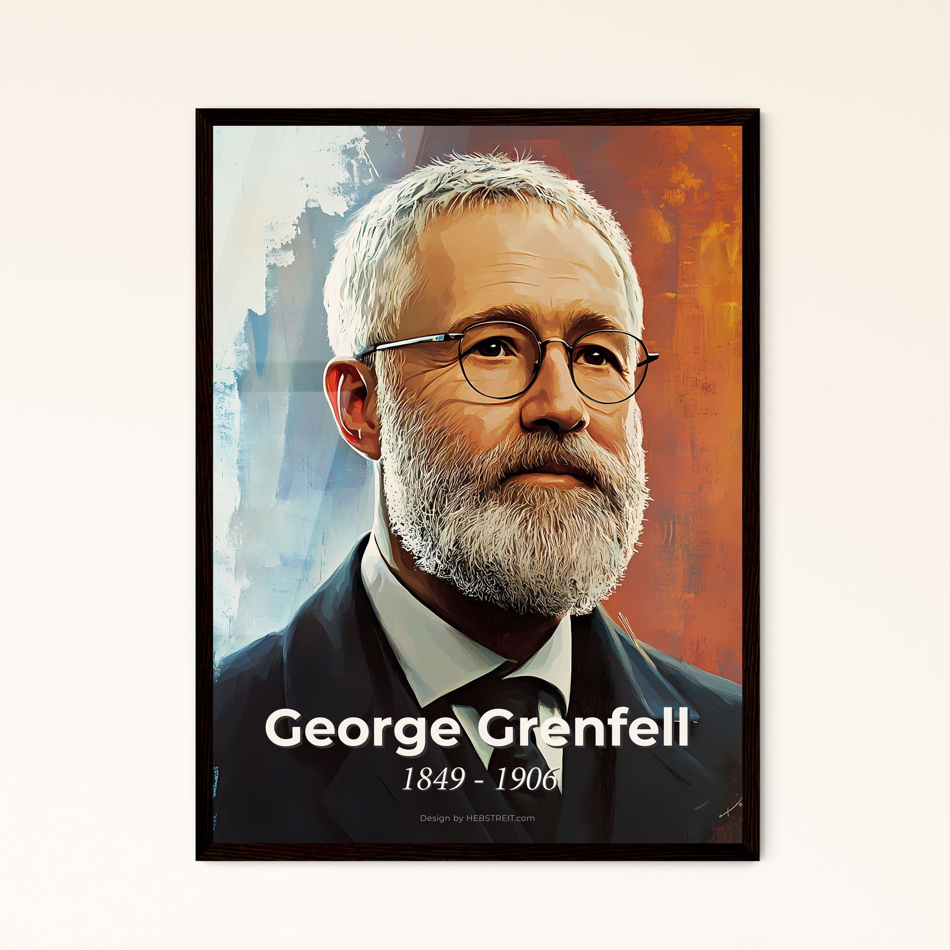 Portrait of George Grenfell, 1849 - 1906. Impressionistic painting of a man with a beard wearing glasses.