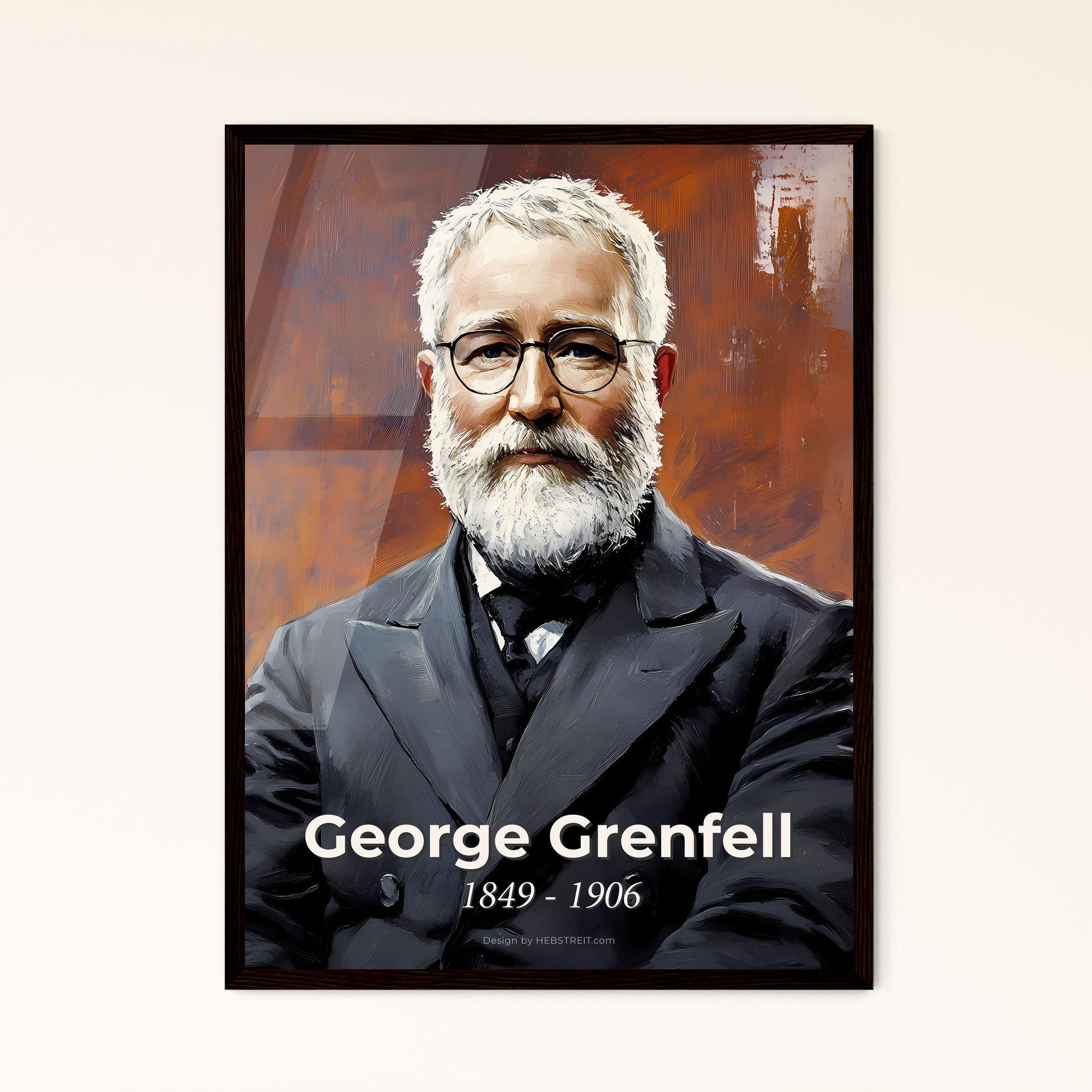 Portrait of George Grenfell, 1849 - 1906. Impressionistic painting of a man with a beard and glasses.