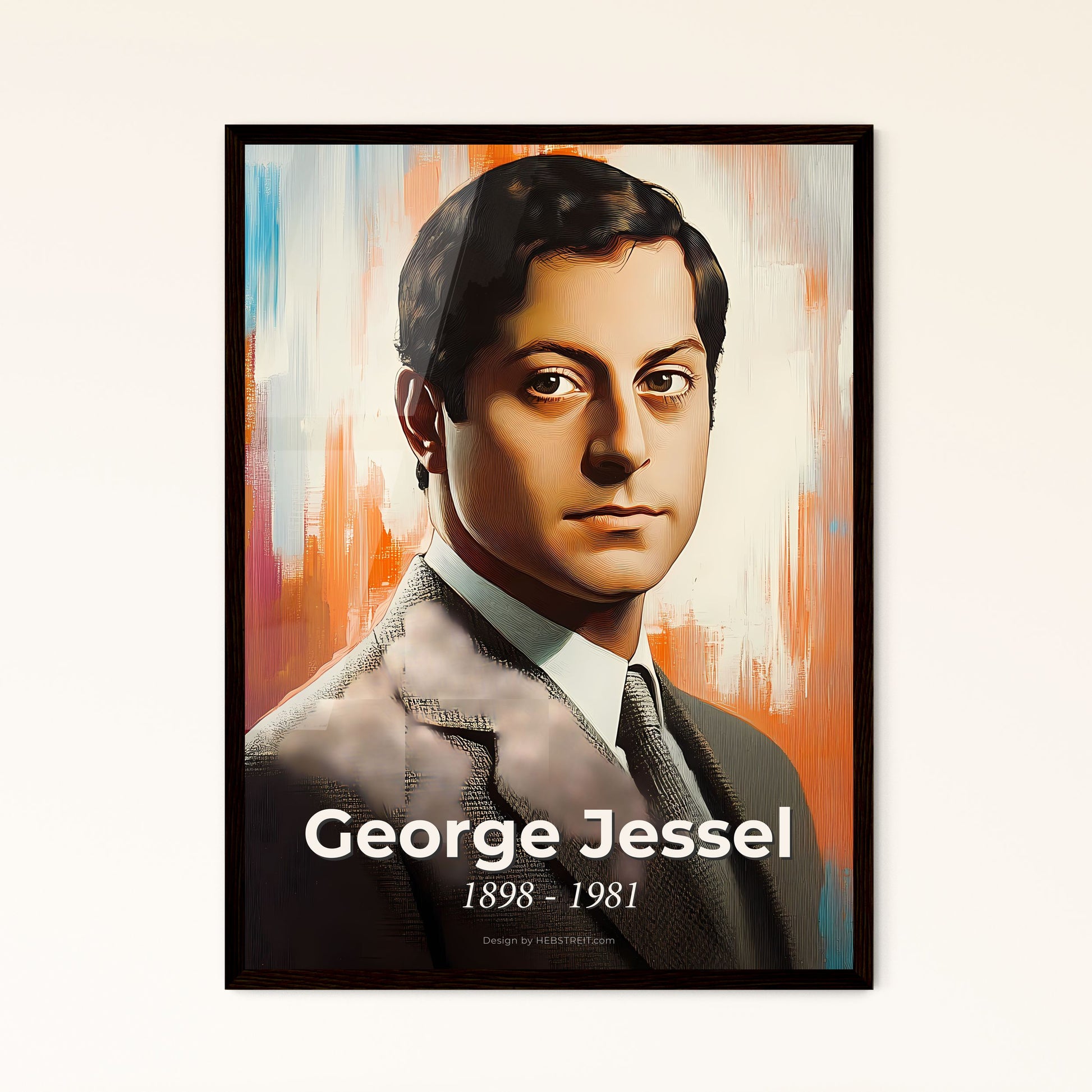 Portrait of George Jessel, 1898 - 1981. Impressionistic painting of a man in a suit.